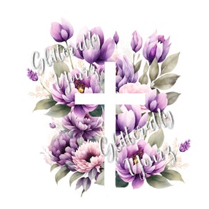 Lila Blume und Kreuz Digitales Bild / Christ, Kreuz, Bibel, Taufe / Schönes Kreuz auf lila Blumen