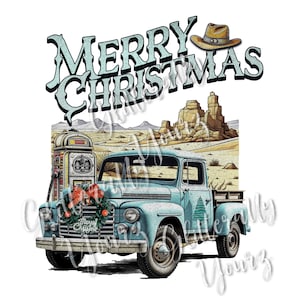 Western Style Country Christmas PNG,  Christmas Truck,  Blue Truck Christmas image,  Antique Truck Christmas Graphic, Merry Christmas png