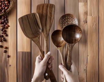 Juego de utensilios de cocina de madera hechos a mano, utensilios de cocina de madera, cuchara de cocina de madera, utensilio de cocina, cocina de madera, utensilios de madera