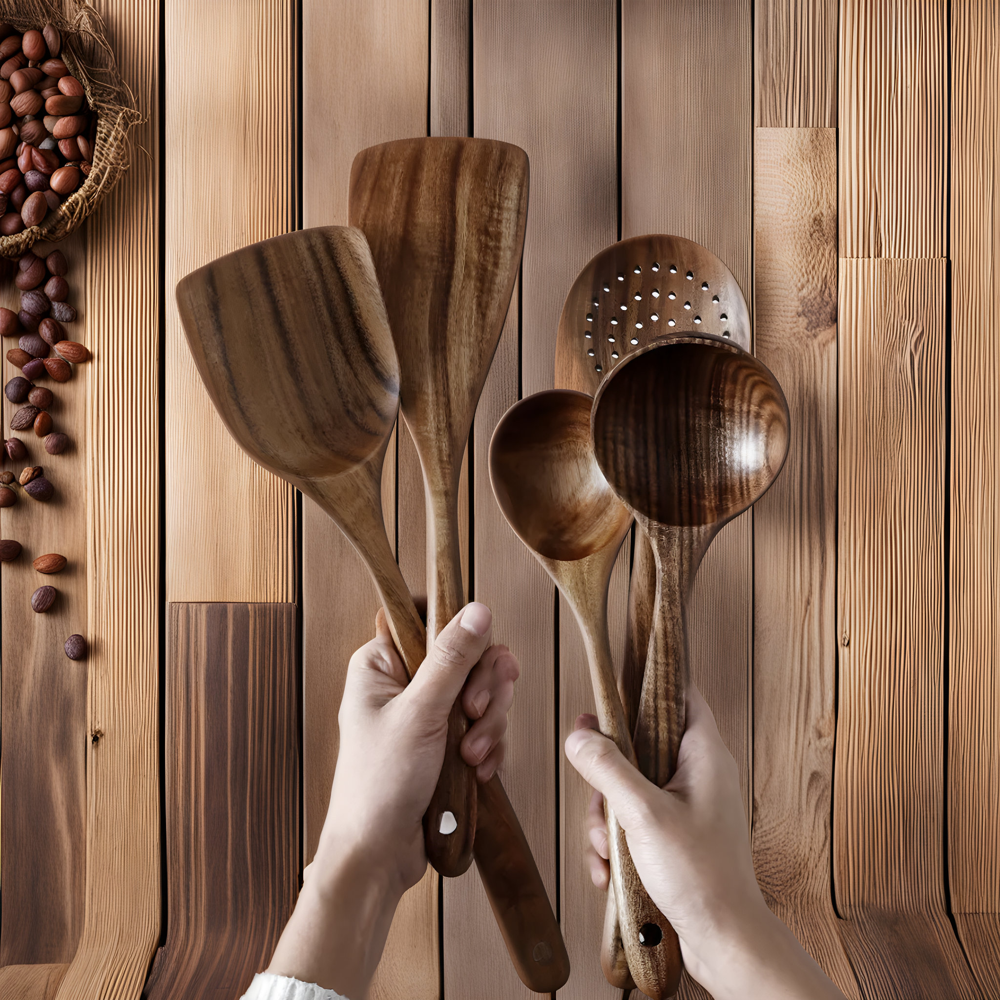 Rustic 7 Pieces Teak Wooden Utensil Set