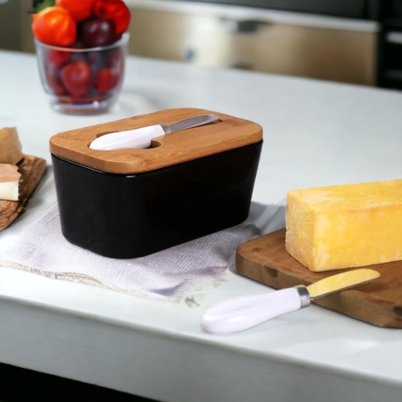 Wooden Lid Butter Dish, Ceramic Butter Dish, Minimalist Tableware