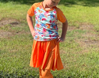 Orange Stitch twirl skirt leggings set