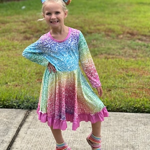 Rainbow Sparkles Long Sleeve Twirl Dress