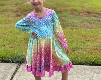 Rainbow Sparkles Long Sleeve Twirl Dress