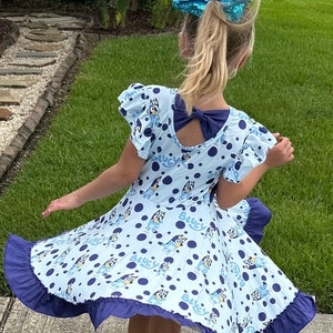 Blue Dog Bow Back Twirl Dress With Shorts
