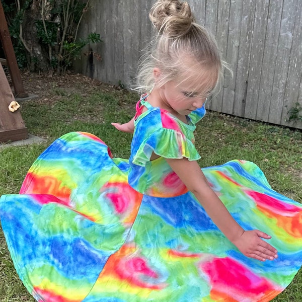 Rainbow Tye Die Cross-back Flutter Twirl Dress