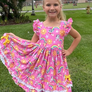 Ruffle and Lace Pink Blue Dog and Rainbows Twirl Dress