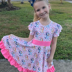 Pink Blue Dog and Hearts Twirl dress with shorts