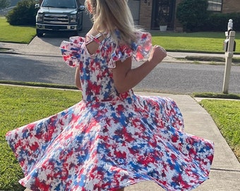 Red white and blue marble flutter dress