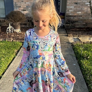 Blue Dog and Friends long sleeve twirl dress