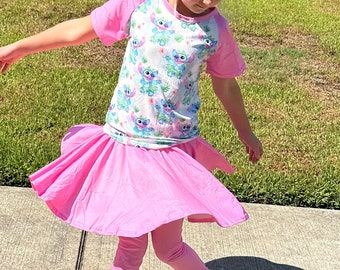 Pink dancing stitch twirl skirt leggings set