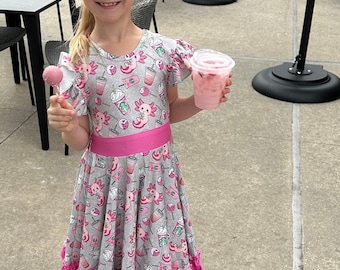 Grey axolotl and cups twirl dress