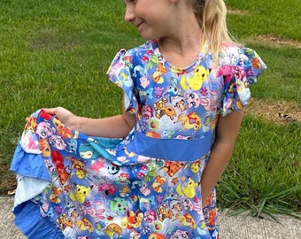 Blue Bow Back  Pocket Characters Twirl Dress