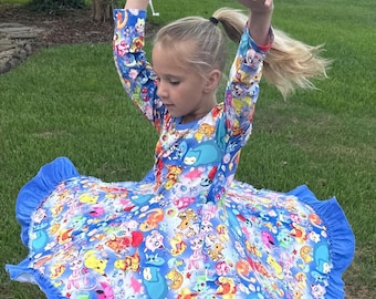 Blue Long sleeve Pocket Characters Twirl Dress