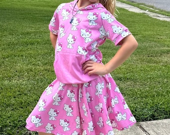 White Kawaii Kitty Twirl Skort Set