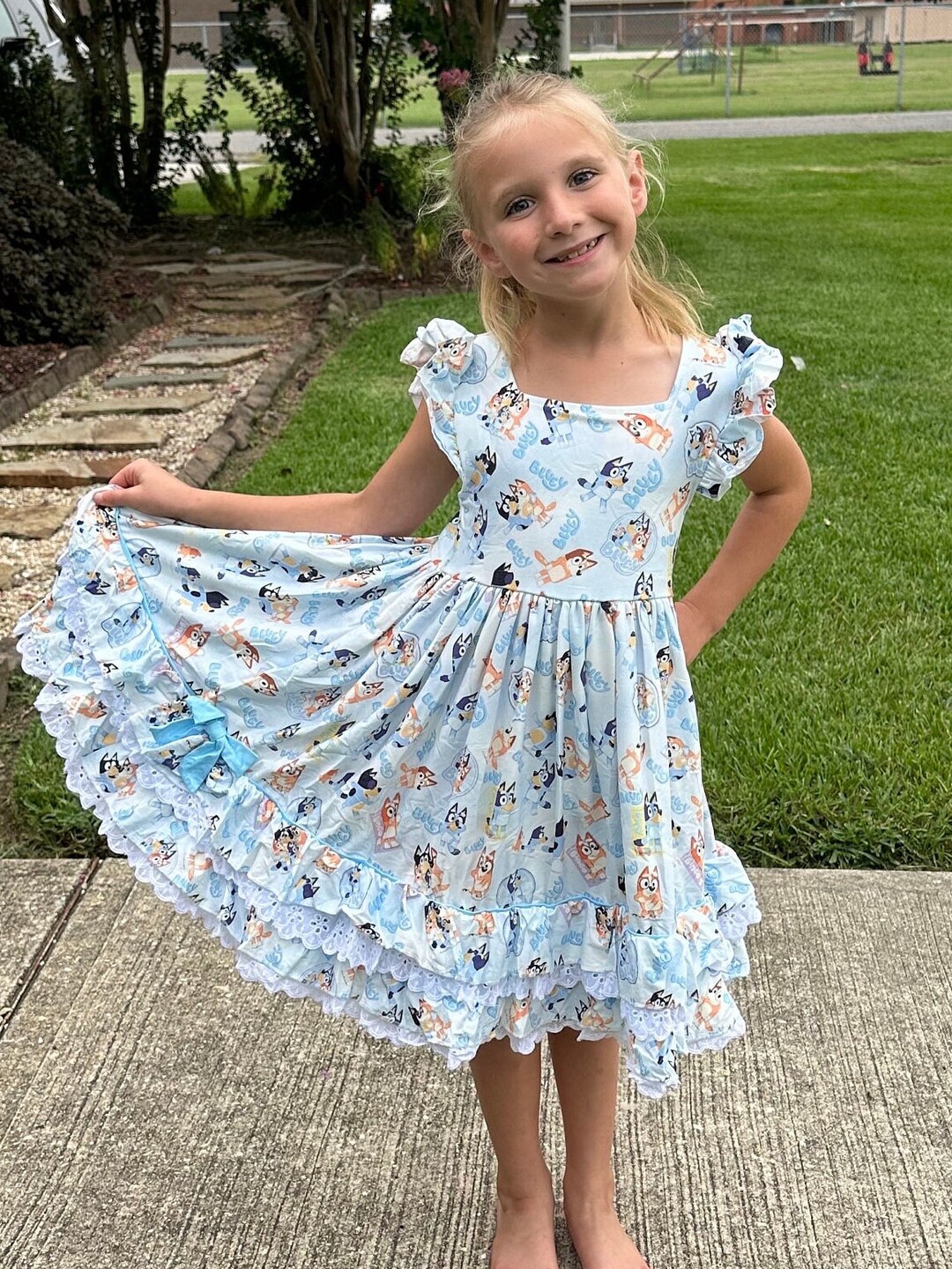 Science Labs Puppy Dogs Blue Bamboo Twirl Dress with Pockets