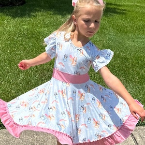Blue Dog Party Bow Back Twirl Dress With Shorts