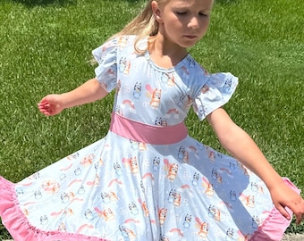 Blue Dog Party Bow Back Twirl Dress With Shorts