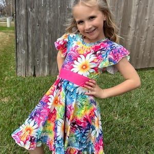 Watercolor Daisy Swirls Bow Back Twirl Dress