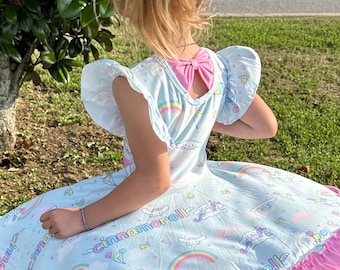 Kawaii White Puppy and Rainbows  Bow Back Twirl Dress