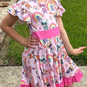 Super Hero Kitties and Rainbows bow back twirl dress