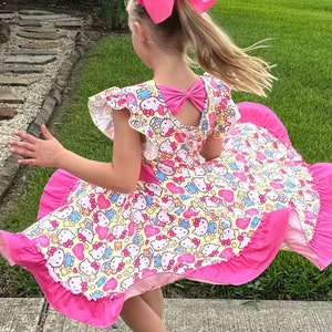 Kawaii Cat and Bear Bow Back Twirl Dress