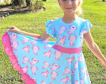 Leucistic (Pink) Axolotl bow back twirl dress