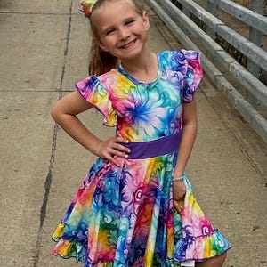 Rainbow Watercolor Swirls Bow Back Twirl Dress