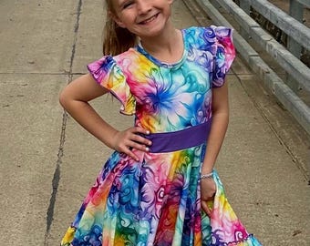 Rainbow Watercolor Swirls Bow Back Twirl Dress