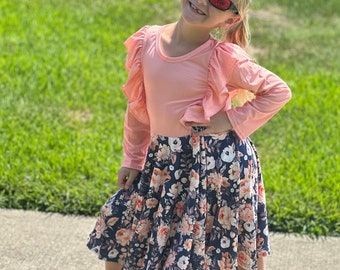 Peach and Grey Floral Ruffle Twirl Dress