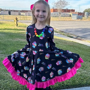 Rainbow Birthday Cupcakes Bow Back Twirl Dress