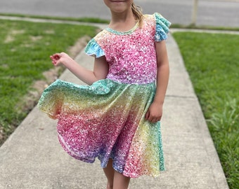 Rainbow Sparkle Twirl Flutter Dress