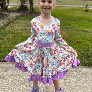Super Hero Cat Long Sleeve Bow Back Twirl Dress