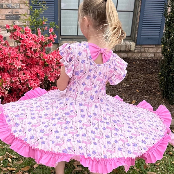 flamingo floral bow back twirl dress