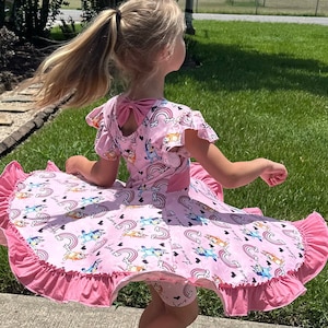 Pink Blue Dog and Rainbows Twirl dress with shorts
