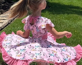 Pink Blue Dog and Rainbows Twirl dress with shorts