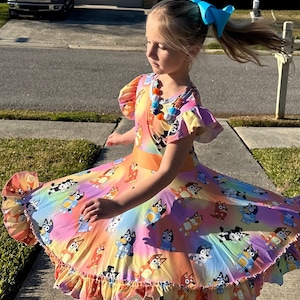 Blue Dog and Friend Bow Back Twirl Dress