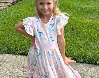 Blue Dog Paw Bow Back Twirl Dress