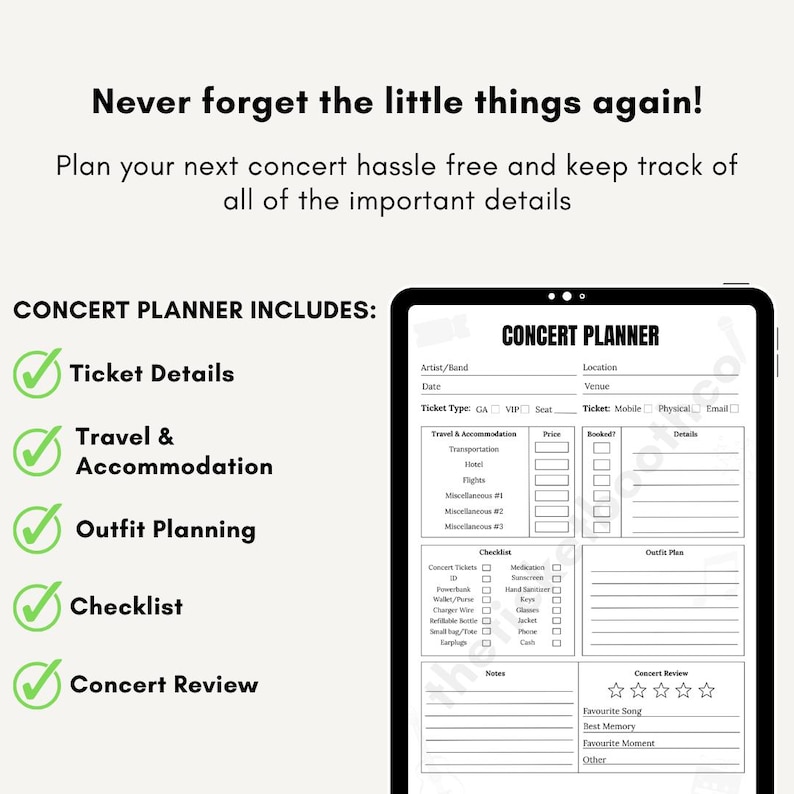 Concert Planner | Printable Concert Planner | Concerts Checklist ...