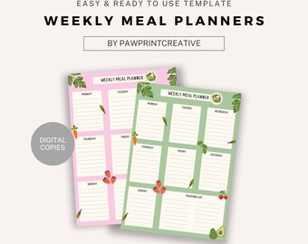 May include: Two weekly meal planner templates with text reading EASY & READY TO USE TEMPLATE WEEKLY MEAL PLANNERS BY PAWPRINTCREATIVE and DIGITAL COPIES. One planner is pink and one is green, both featuring lined sections for days and food illustrations.