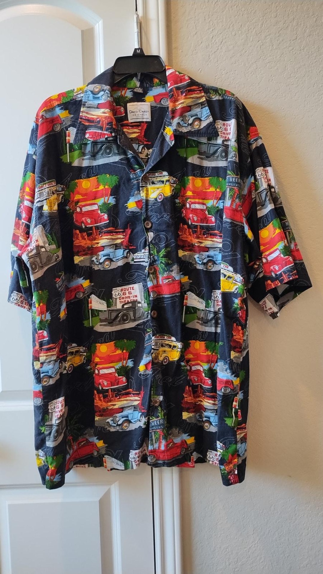 David Carey Shirt Men Extra Large Black Casual Button Down All Over Print Cars