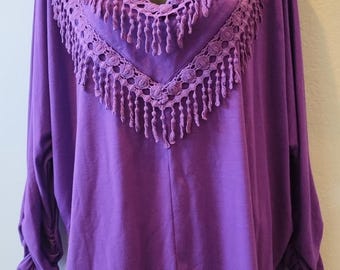 NY Collection Woman Purple Crochet Trim Stretchy Dolman long sleeves Blouse sz L
