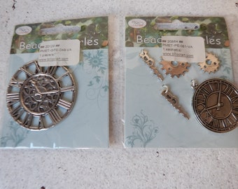 Set of 2 Steampunk silver metal "Clock" pendant charms