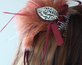 Handmade Hair Accessory Comb Metal Leaf Print, Leather, Ribbons and Feathers