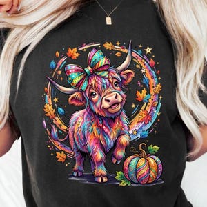 Rainbow Fall Highland Cow PNG Bundle Retro Autumn Pumpkin Sublimation Clipart Cute Patchwork Cow T-Shirt Designs Commercial Use