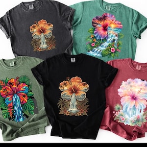 5+Tropical Hibiscus PNG Bundle Sunset Ocean Waterfall Sublimation Clipart Retro Beach Shirt Design Commercial Use Digital Download