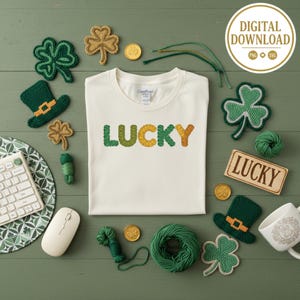 Lucky Teacher Crochet Texture PNG | 3D Puffed St Patricks Day Design | Latch Hook Yarn School Spirit | Faux Embroidery Green Classroom Shirt