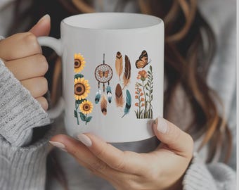 Boho Wildflowers PNG Design, Boho Feather Flowers PNG Files, Dreamcatcher Sublimation PNG, Butterfly Floral T-shirt png, Digital T-shirt png