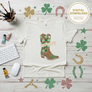 Western Cowboy Boot Lucky PNG - St Patrick's Day Howdy Sublimation - Retro Green Glitter Clover Digital Download