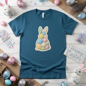 3D Puffed Crochet Bunny Shirt - Textured Knit Easter Tee - Cute Faux Embroidery Holiday Top